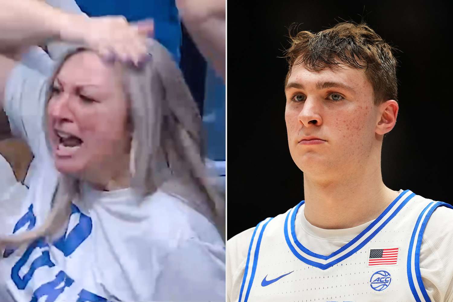 Cooper Flagg's mom Kelly Flagg ; Cooper Flagg #2 of the Duke Blue Devils looks on during a game on March 03, 2025 in Durham, North Carolina.
