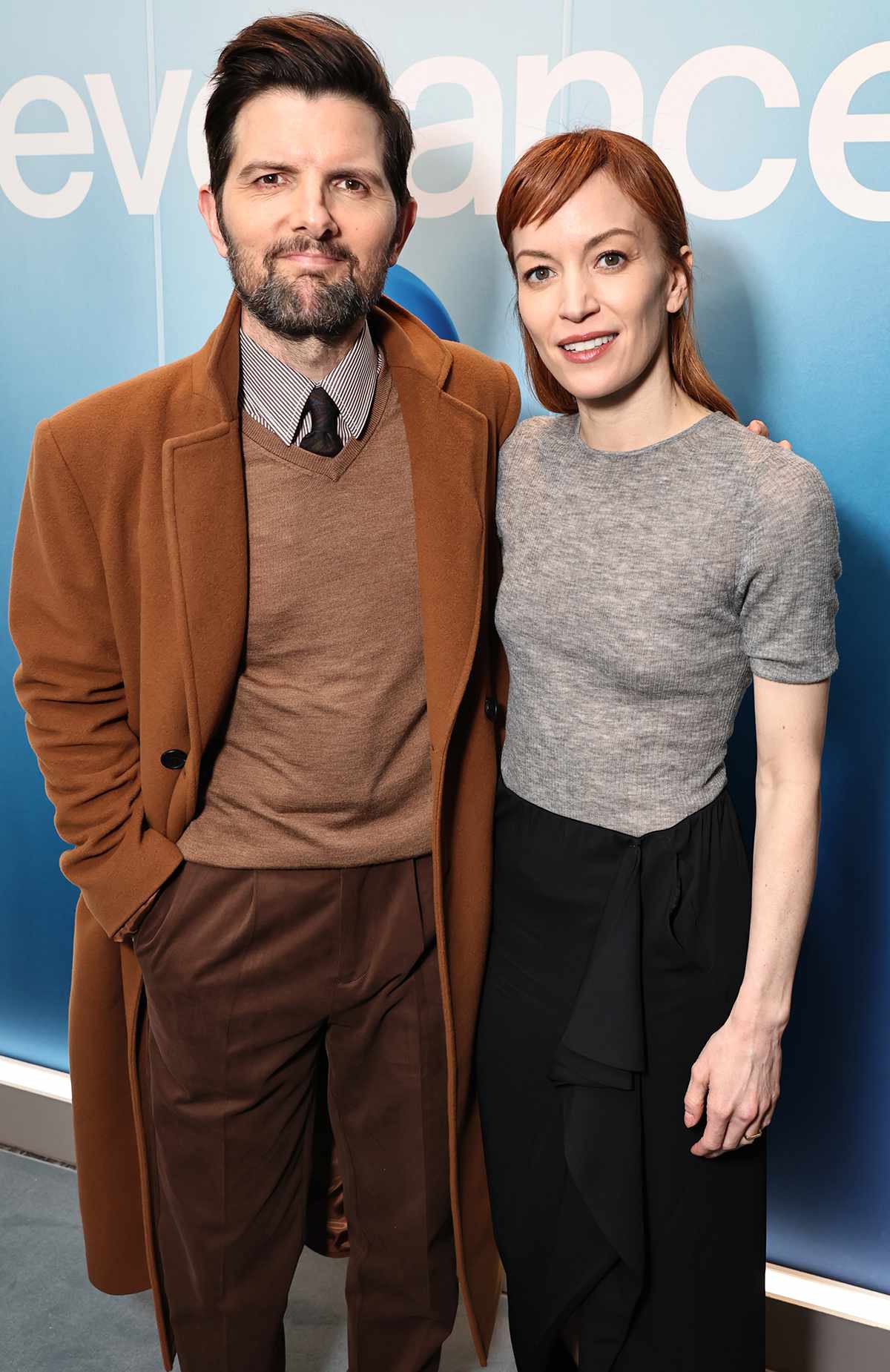 Adam Scott (L) and Britt Lower seen at Apple TV+ global hit series “Severance” for a star-studded Outdoor Retreat Team Building Occurrence (ORTBO) at Lumon Industries