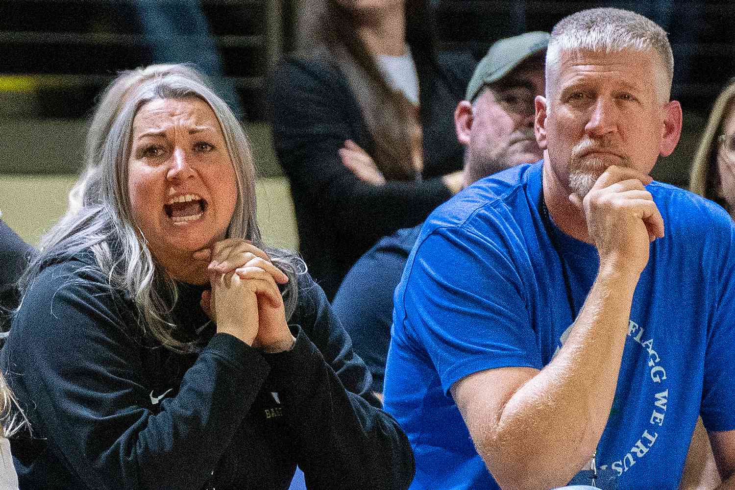 Kelly Flagg and Ralph Flagg watch their twin sons Cooper and Ace play for Montverde Academy on January 5, 2024 in Portland Maine.