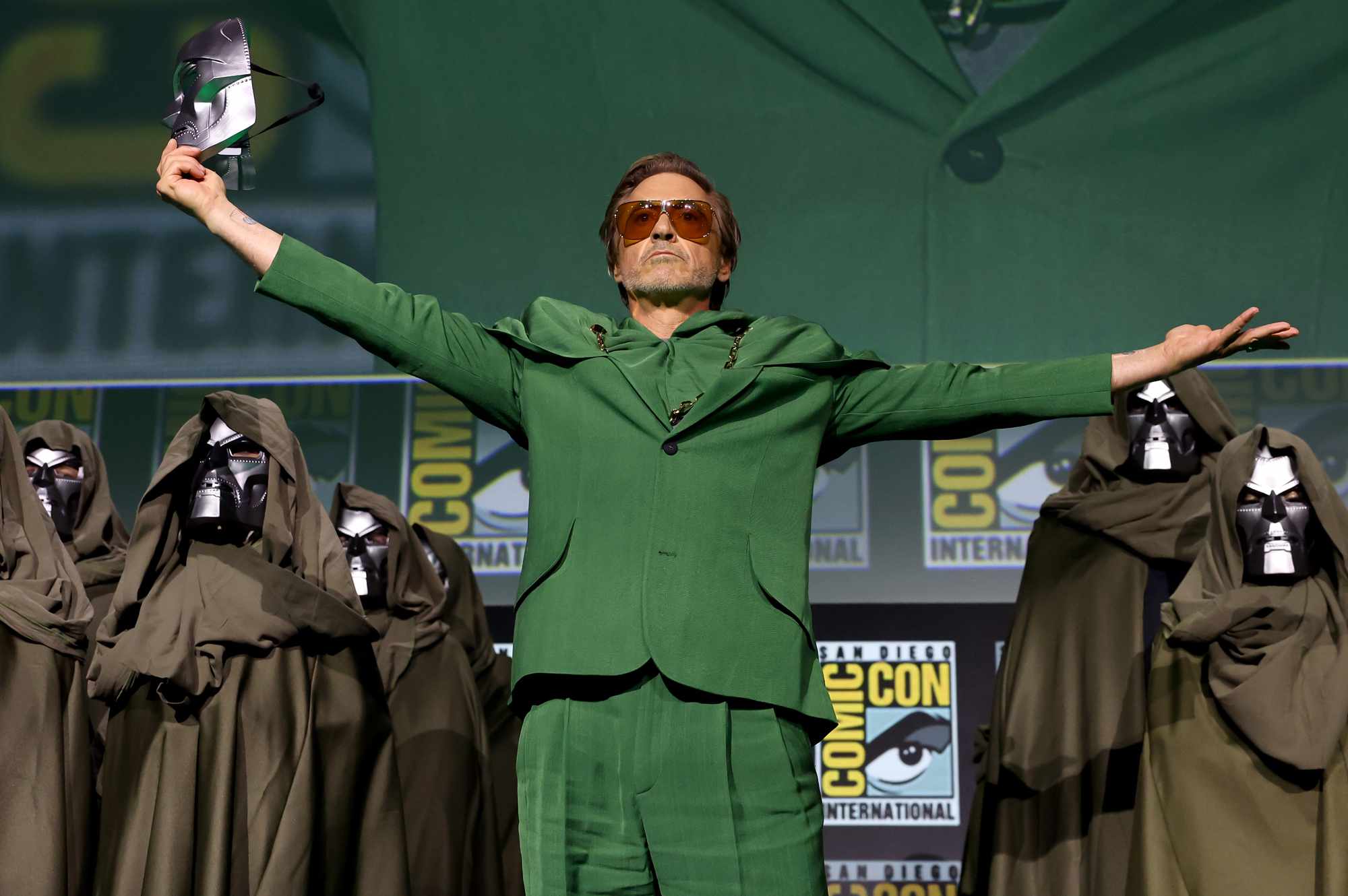 Robert Downey Jr. speaks onstage during the Marvel Studios Panel in Hall H at SDCC in San Diego, California on July 27, 2024.