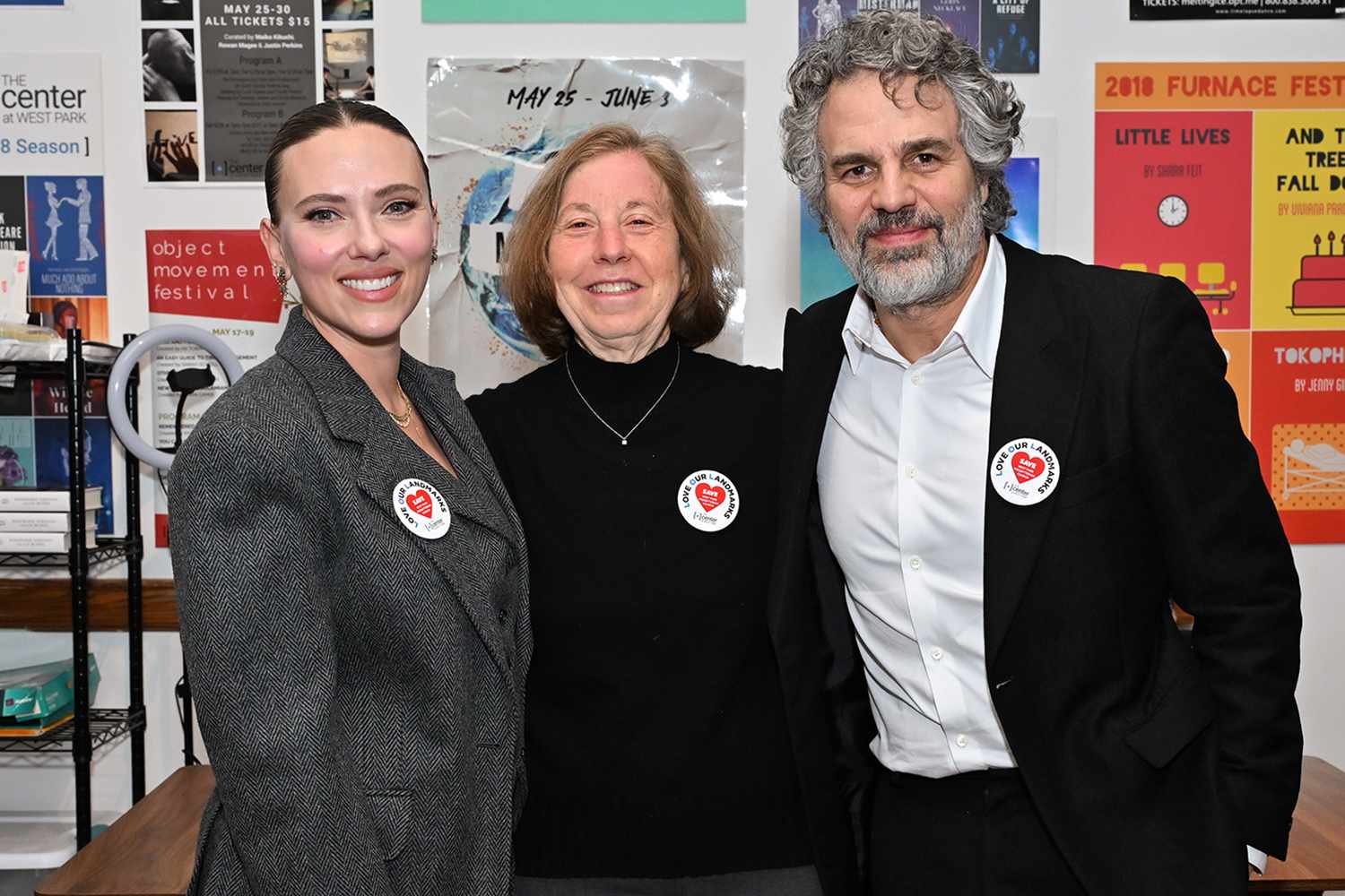 Scarlett Johansson, Debby Hirshman, executive director of The Center at West Park, and Mark Ruffalo, left to right, meet backstage before a benefit staged reading of Network