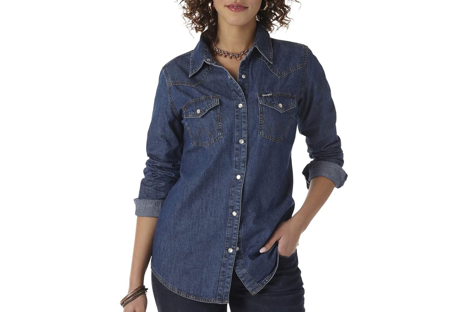 Wrangler Women's Retro Long Sleeve Western Snap Shirt Mid Denim